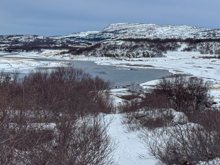 Snow-covered landscape with a partially frozen lake and distant mountains.